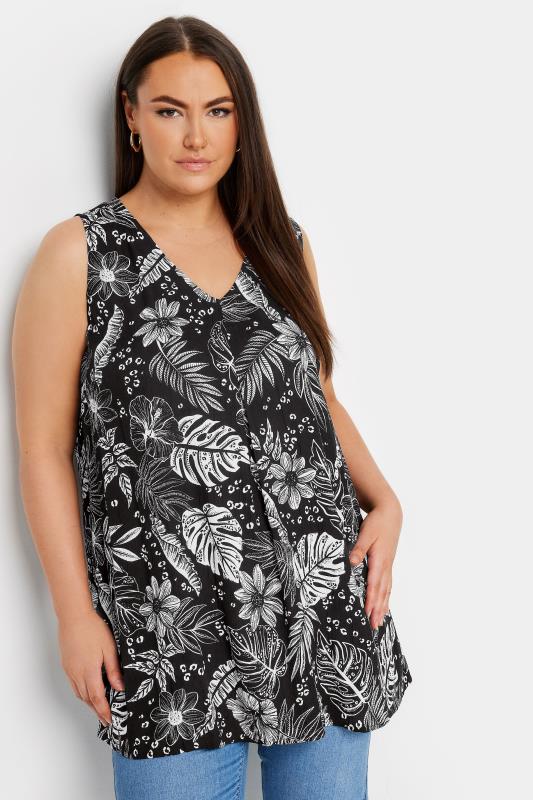 YOURS Plus Size Black Leaf Print Pleat Front Vest Top | Yours Clothing 1