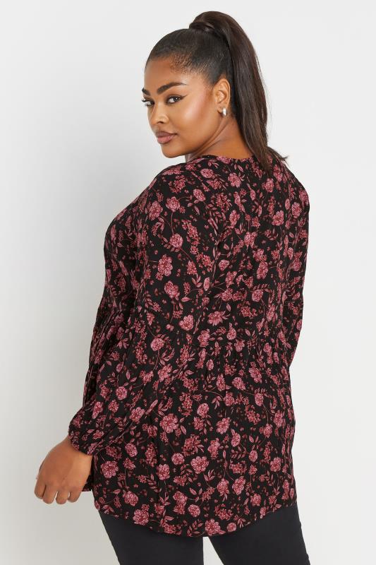 YOURS Plus Size Black Floral Print Long Sleeve Tie Neck Blouse | Yours Clothing 3