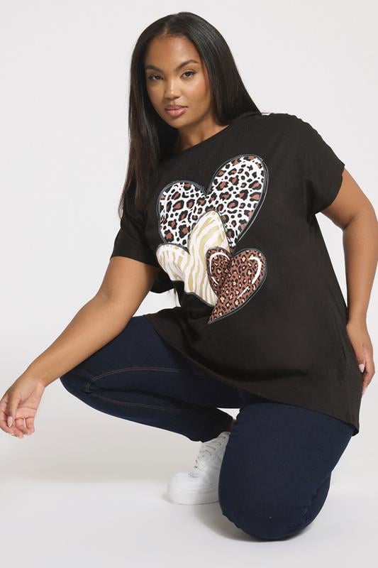  YOURS Curve Black Leopard Print Heart Graphic T-Shirt