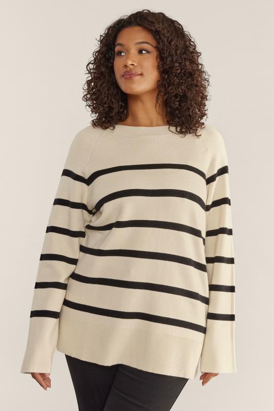 EVANS Plus Size Ivory White & Black Striped Knitted Jumper | Evans 1