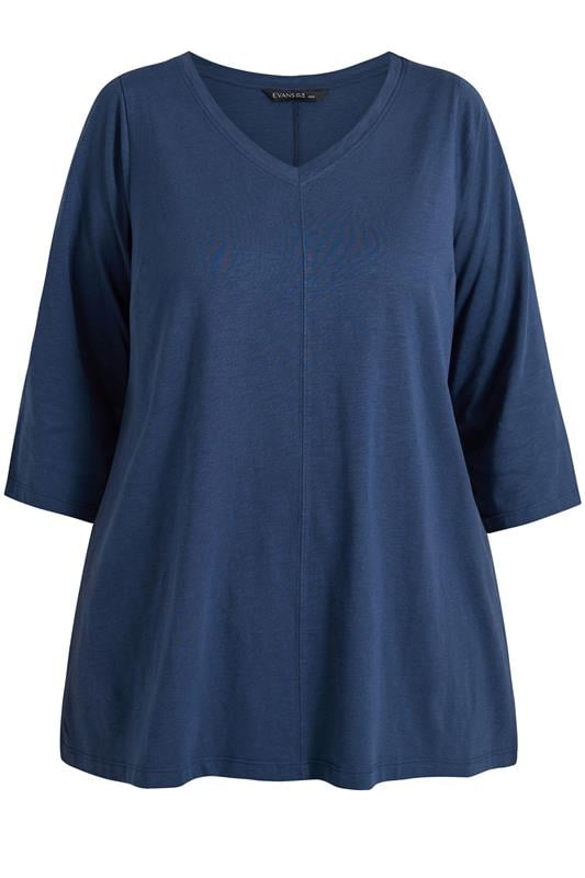 EVANS Plus Size Navy Blue V-Neck Cotton Top | Evans 5