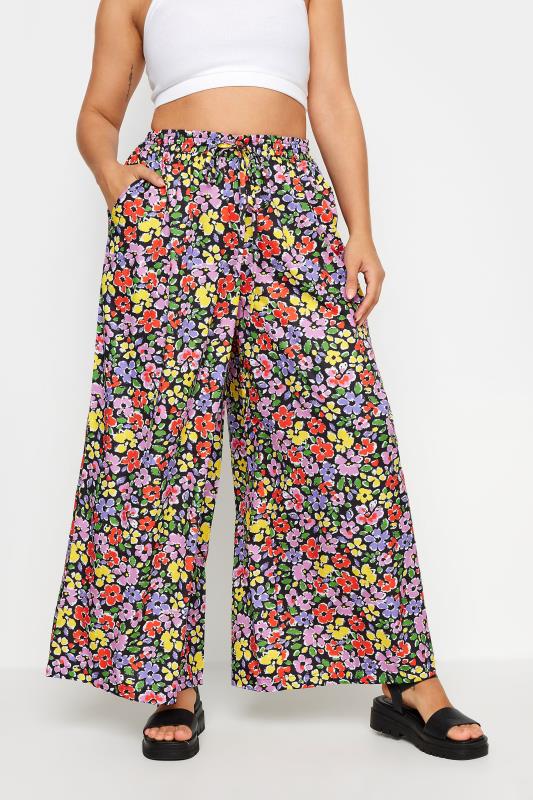 LIMITED COLLECTION Plus Size Black Ditsy Floral Print Drawstring Wide Leg Trousers | Yours Clothing 1