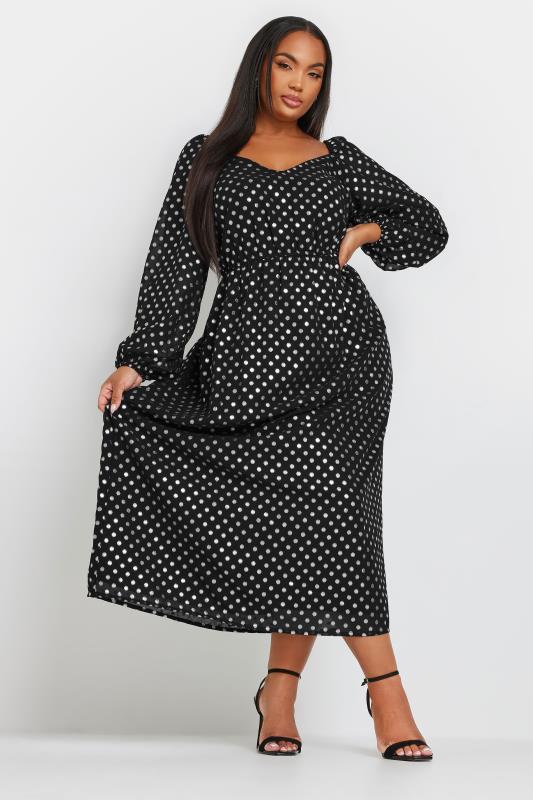 YOURS Plus Size Black Silver Spot Chiffon Maxi Dress | Yours Clothing  1