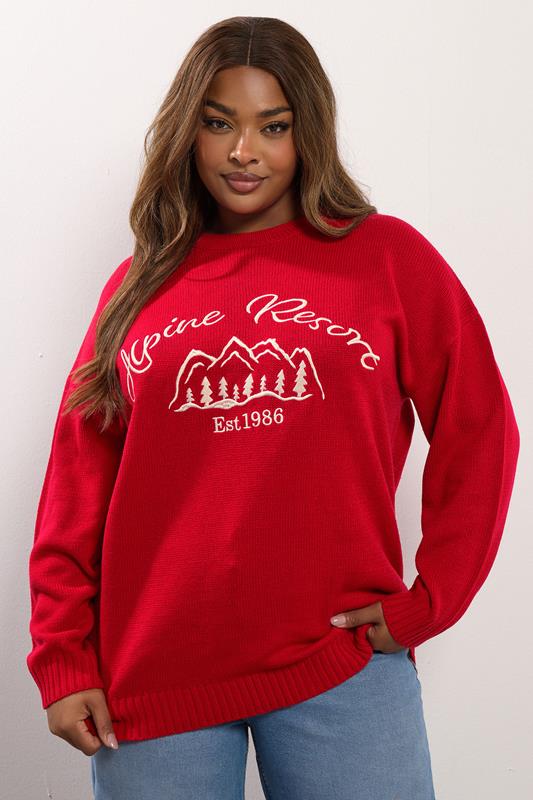 Plus Size  YOURS Curve Red 'Alpine Resort' Knitted Jumper