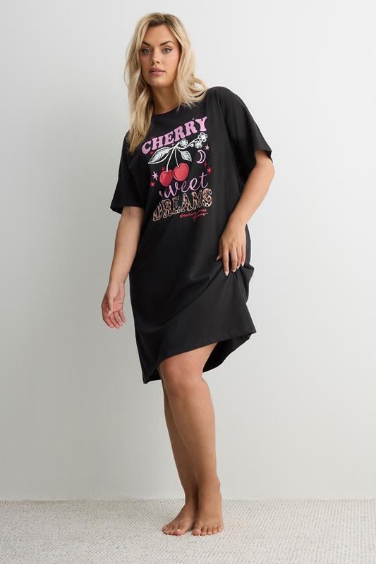  YOURS Curve Black Leopard 'Cherry Sweet Dreams' Sleep tee Nightdress