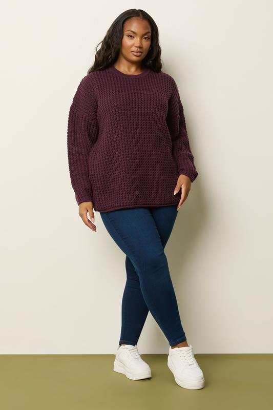 YOURS Plus Size Burgundy Red Waffle Knit Jumper | Yours Clothing 4