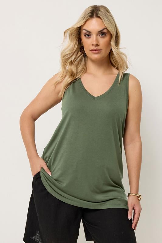  YOURS Curve Khaki Green V-Neck Basic Vest Top