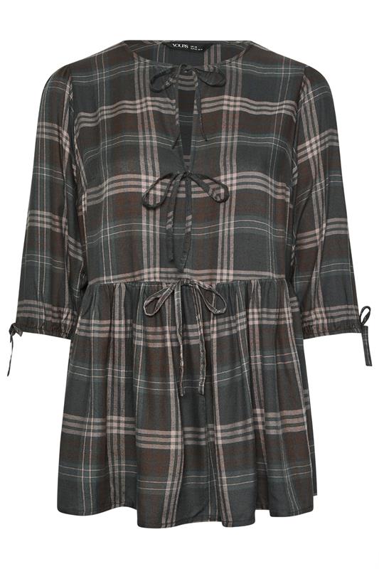 YOURS Plus Size Brown Check Tie Front Peplum Top | Yours Clothing 5