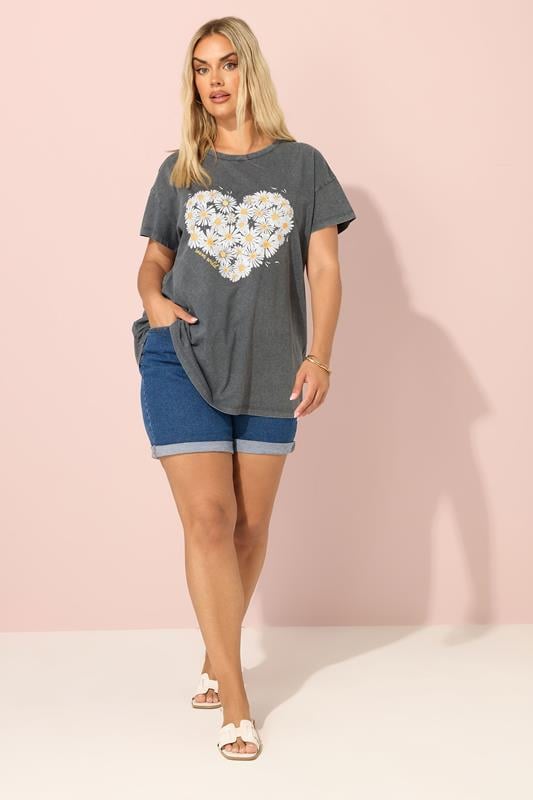 YOURS Plus Size Grey Acid Wash Daisy Heart Print T-Shirt | Yours Clothing 2