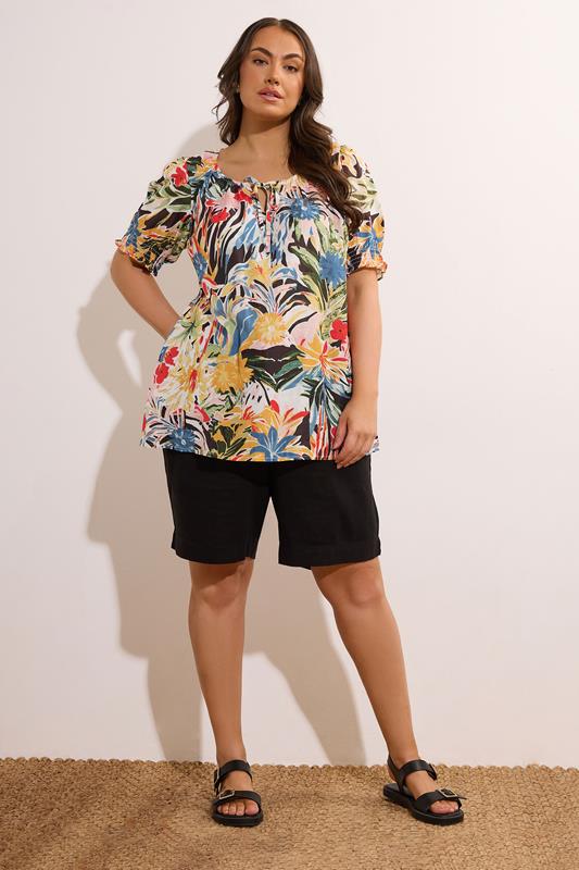 EVANS Plus Size Blue & Yellow Floral Print Tie Neck Top | Yours Clothing 3