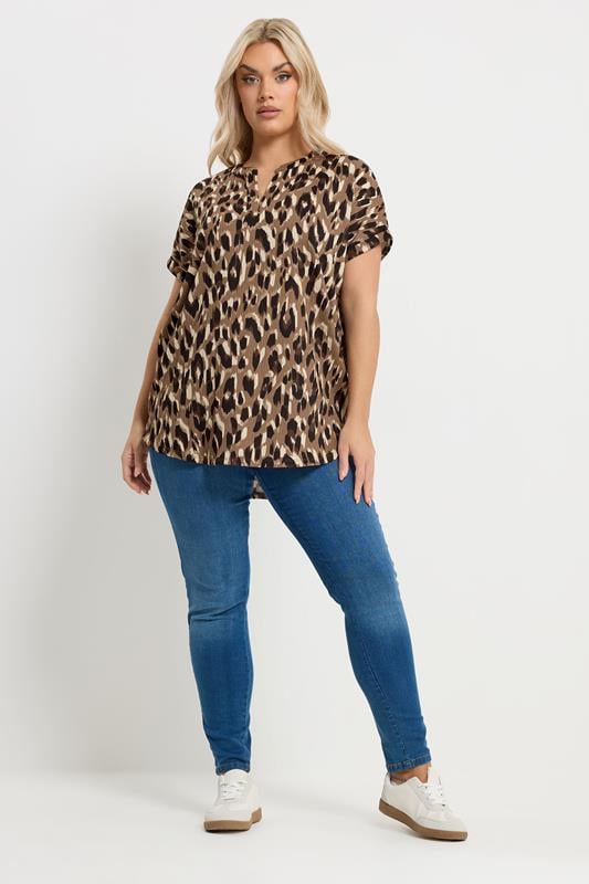 YOURS Plus Size Brown Textured Leopard Print Notch Neck Top | Yours Clothing 1