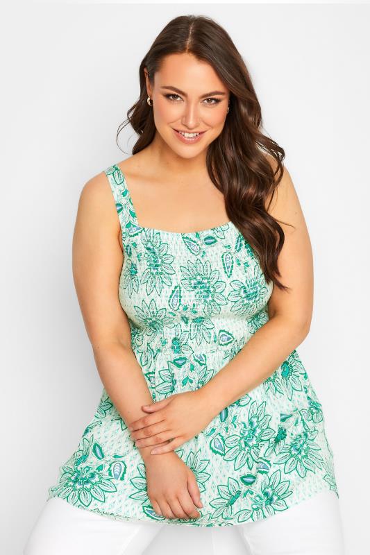 YOURS Curve Plus Size Green Tropical Print Crinkle Vest Top | Yours Clothing  4