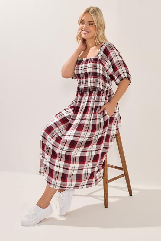 YOURS Plus Size Red Check Shirred Maxi Dress | Yours Clothing 1