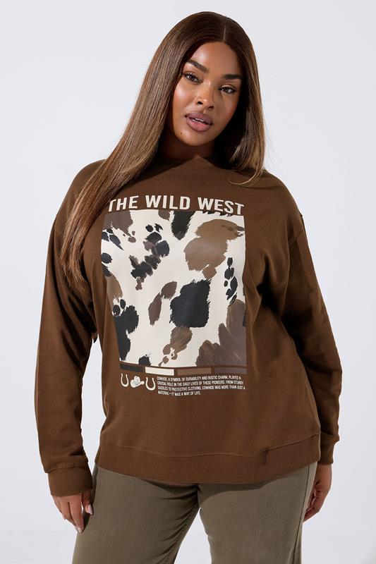  LIMITED COLLECTION Curve Chocolate Brown 'The Wild West' Cow Print Sweatshirt