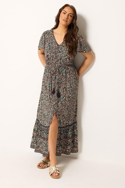  YOURS Curve Black Ditsy Floral Border Detail Dress