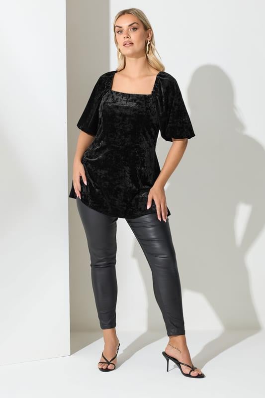 YOURS LONDON Plus Size Black Velvet Square Neck Top | Yours Clothing 1