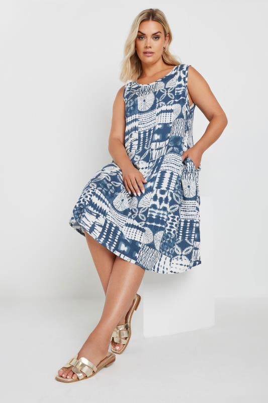 Plus Size  YOURS Curve Blue Tile Print Pocket Swing Dress