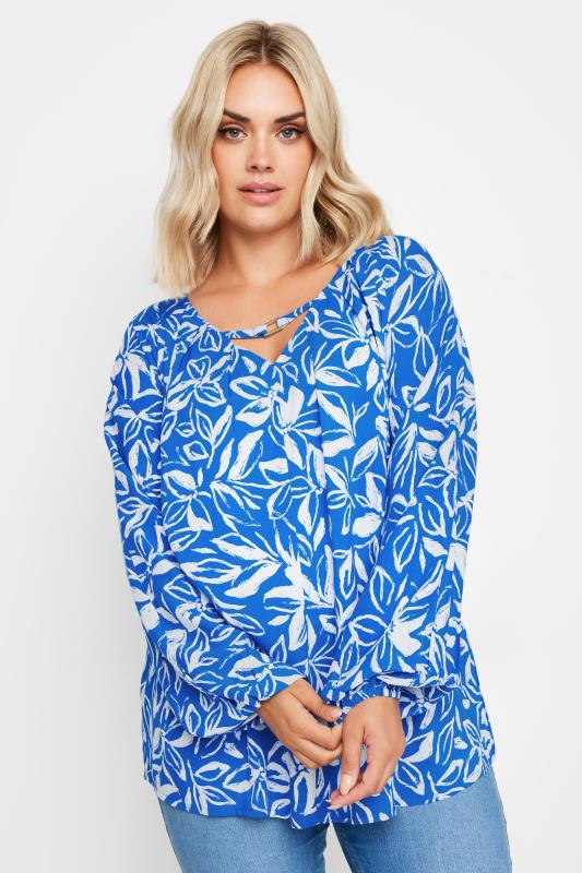YOURS Plus Size Blue Floral Print Balloon Sleeve Blouse | Yours Clothing  2