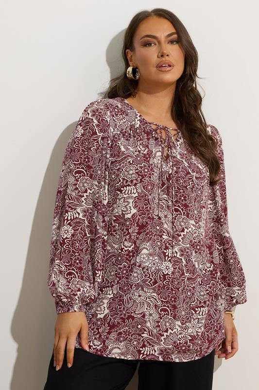YOURS Plus Size Brown Paisley Print Lattice Tie Front Blouse | Yours Clothing 1