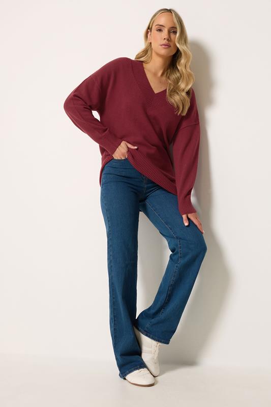 LTS Tall Women's Burgundy Red V-Neck Knitted Jumper | Long Tall Sally 1