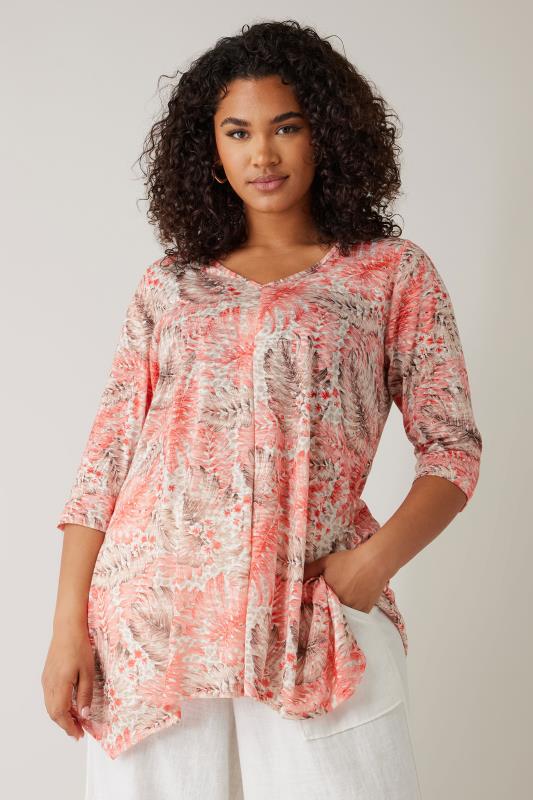 Plus Size  EVANS Curve Pink Tropical Print Hanky Hem Top