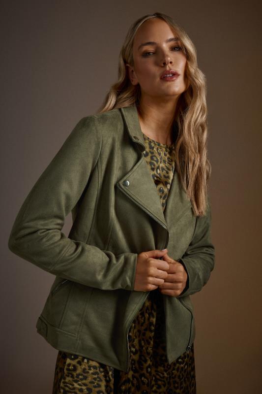 LTS Tall Olive Green Faux Suede Biker Jacket | Long Tall Sally 1