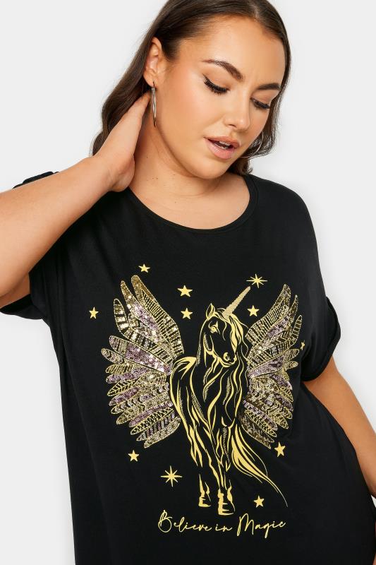 YOURS Plus Size Black Unicorn Print Sequin T-Shirt | Yours Clothing 4