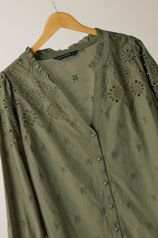 EVANS Plus Size Khaki Green Broderie Cotton Blouse | Evans 7