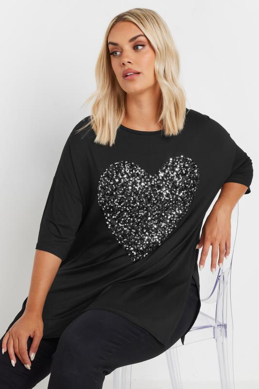 YOURS Plus Size Black Heart Sequin Embellished T-Shirt | Yours Clothing  1