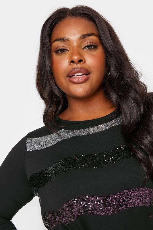 YOURS Plus Size Black Stripe Sequin Embellished Top | Yours Clothing 4