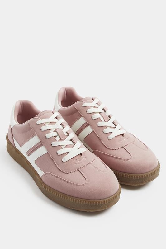  Yours Pink Faux Suede Side Stripe Lace Up Trainer In Wide E Fit