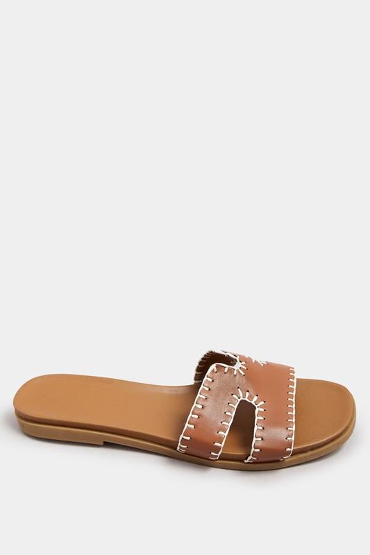 Brown Faux Leather Stitched Mule Sandals In Extra Wide EEE Fit | Yours Clothing 4