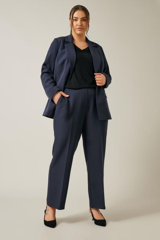 EVANS Plus Size Navy Blue Wide Leg Tailored Trousers | Evans 2