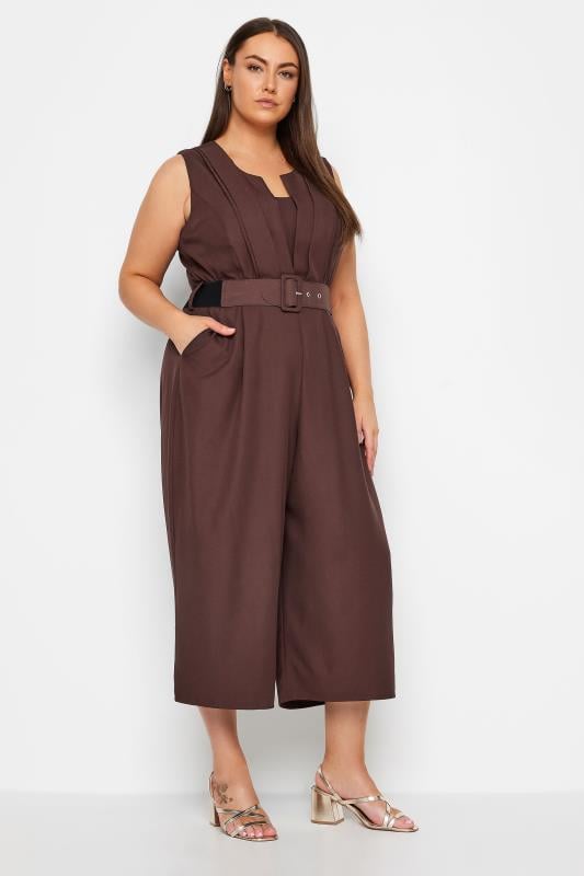 Plus Size  Evans Brown Pleated Wide Leg Belted Jumpsuit