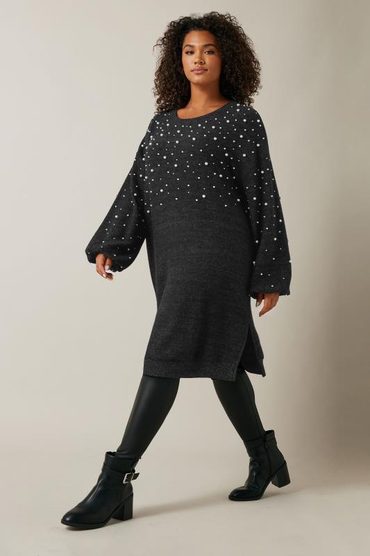 EVANS Plus Size Charcoal Grey Pearl Embellished Soft Touch Jumper Dress | Evans 4