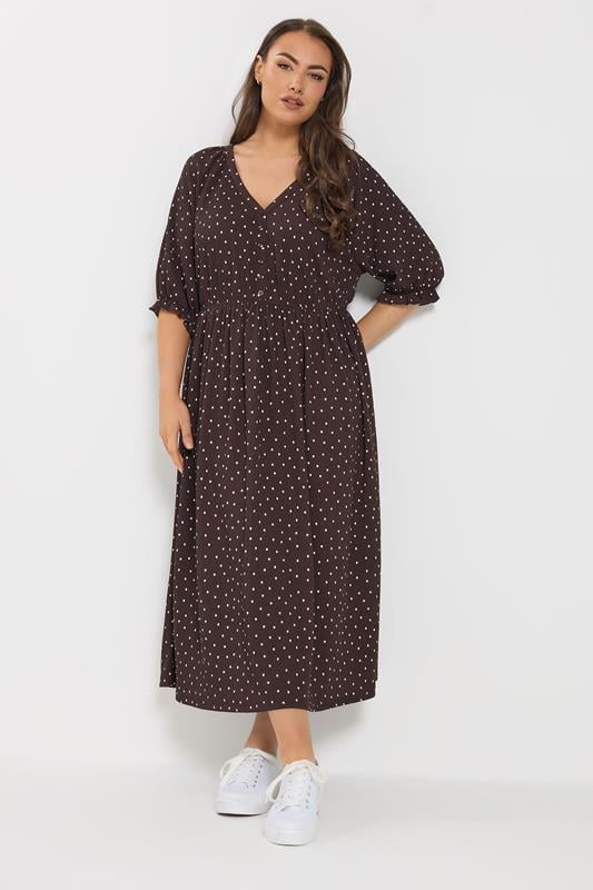 YOURS Plus Size Chocolate Brown Polka Dot Dress | Yours Clothing 1