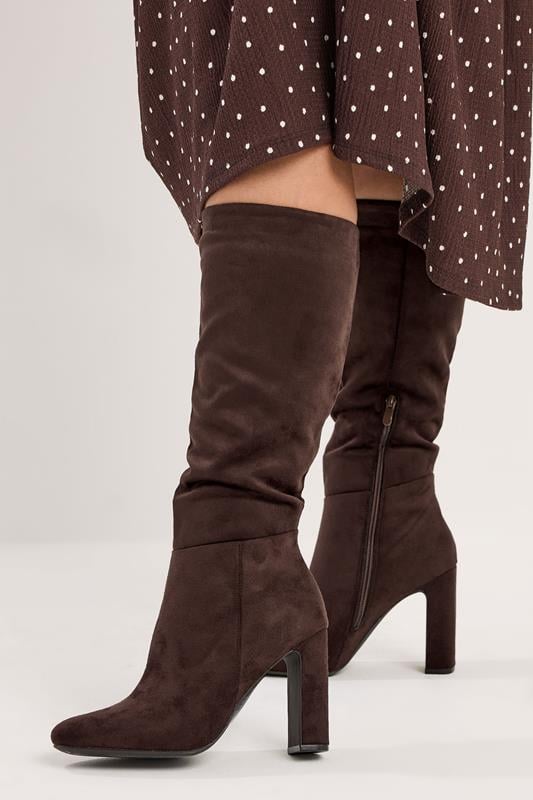  Yours Brown Faux Suede Heeled Knee High Boots In Standard Fit