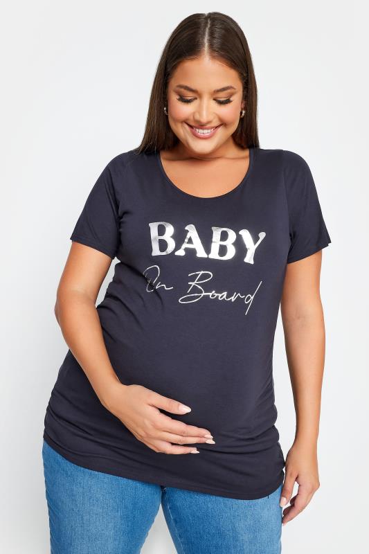 BUMP IT UP MATERNITY Plus Size Navy Blue 'Baby On Board' Slogan T-shirt | Yours Clothing 1