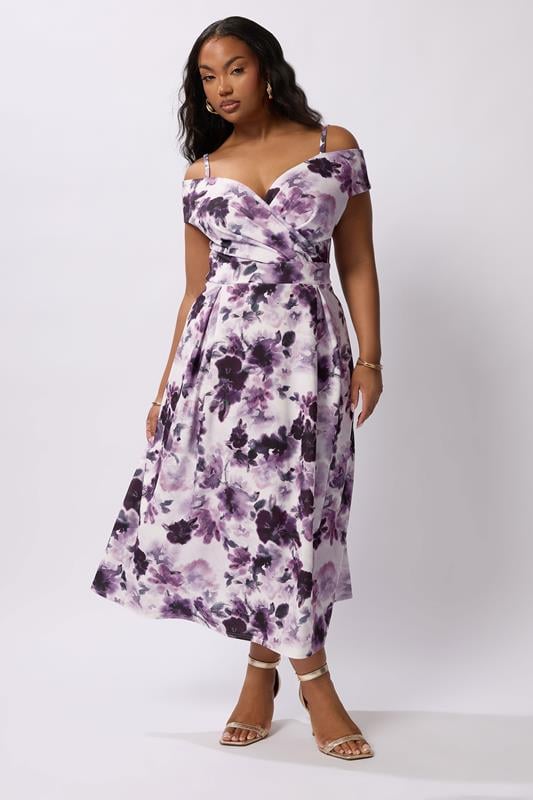 YOURS LONDON Plus Size Purple Floral Print Cold Shoulder Dress | Yours Clothing 2