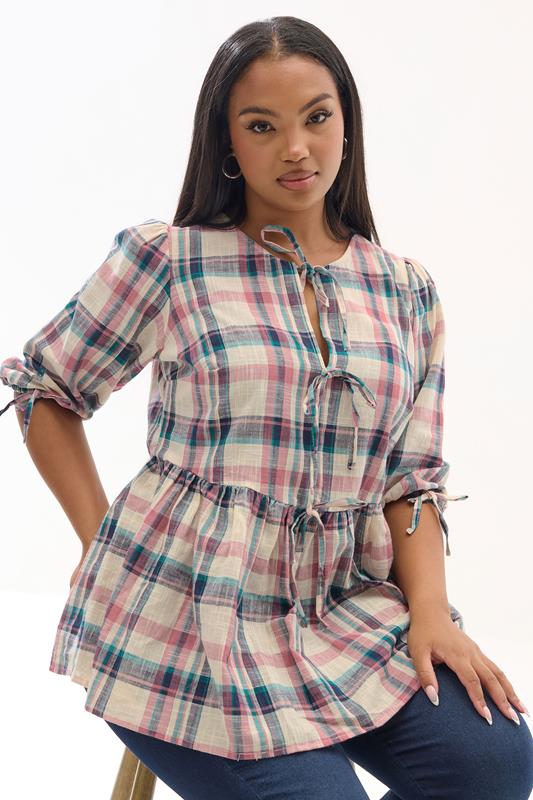 Plus Size  YOURS Curve Pink & Navy Check Tie Front Peplum Top