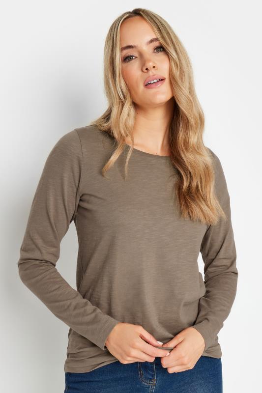 LTS Tall Mocha Brown Crew Neck Long Sleeve Cotton T-Shirt | Long Tall Sally 1