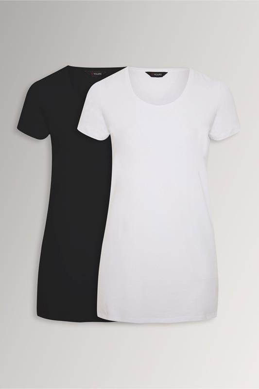 YOURS Plus Size 2 PACK Black & White Longline T-Shirts | Yours Clothing  1