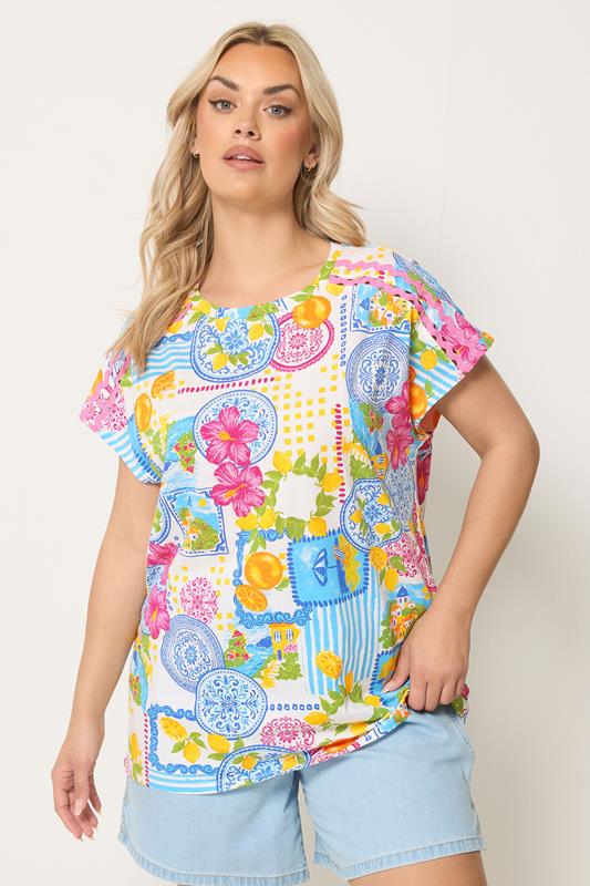 YOURS Plus Size White Tile Print Trim Detail T-Shirt | Yours Clothing 1