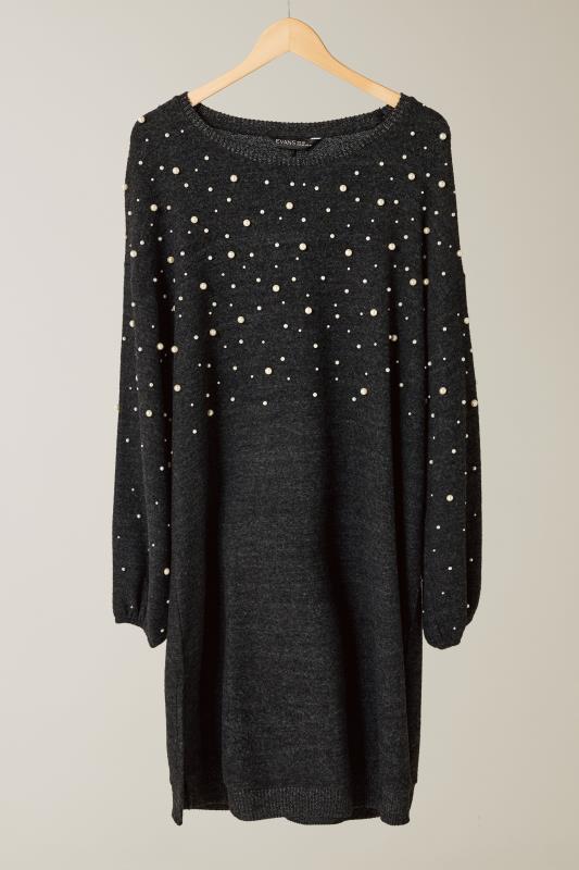 EVANS Plus Size Charcoal Grey Pearl Embellished Soft Touch Jumper Dress | Evans 5