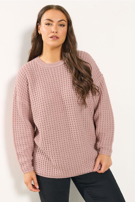 YOURS Plus Size Light Pink Waffle Knit Jumper | Yours Clothing 1