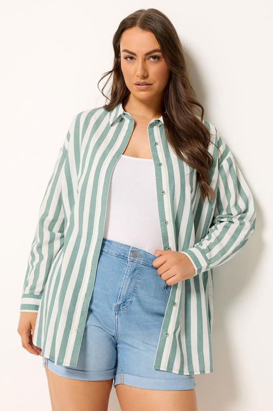 YOURS Plus Size Light Green Stripe Linen Shirt | Yours Clothing 1