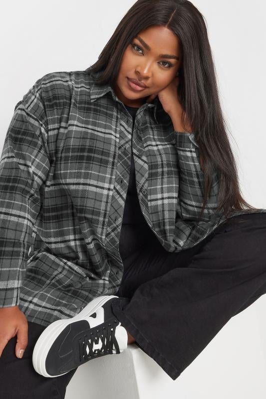 Plus Size  YOURS Curve Charcoal Grey Check Oversized Shirt