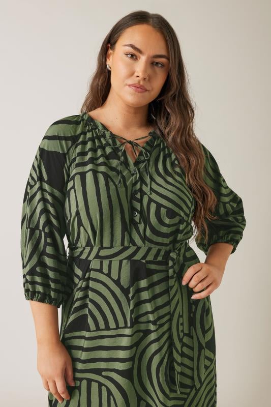 EVANS Plus Size Khaki Green Abstract Print Midi Dress | Evans  4