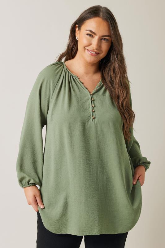 EVANS Plus Size Khaki Green Button Front Long Sleeve Blouse | Evans 2