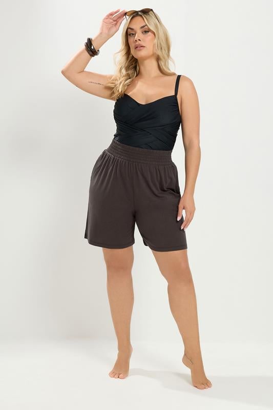 YOURS Plus Size Brown Shirred Waist Shorts | Yours Clothing 2